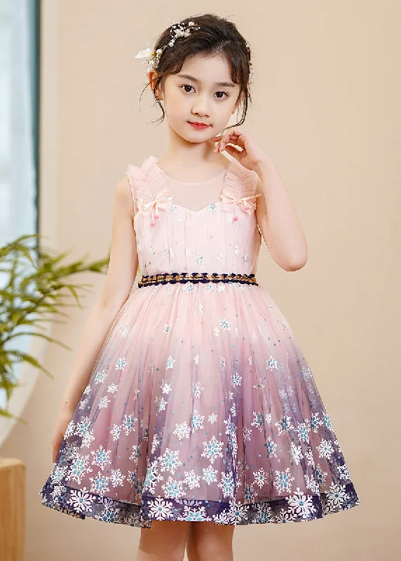 Cute Pink Print Gradient Color Exra Large Hem Tulle Kids Girls Robe Dresses Summer White Lace Tulle