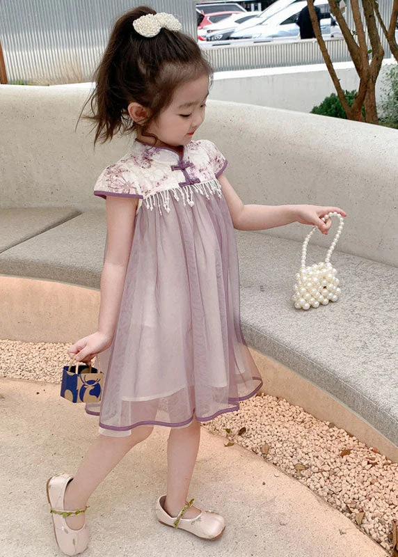 Boutique Purple Tasseled Bow Patchwork Tulle Kids Girls Dress Summer Tulle Party Dress