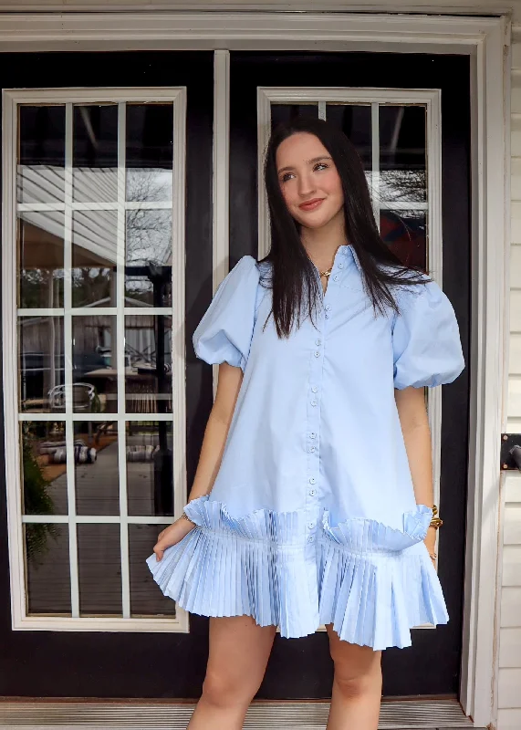 Pleated Hem Shirt Dress in Blue Relaxed Fit Shirt