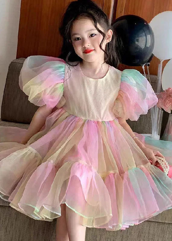 Fashion Rainbow Gradient Ruffled Patchwork Tulle Kids Girls Dress Puff Sleeve Tulle Dress Trendy