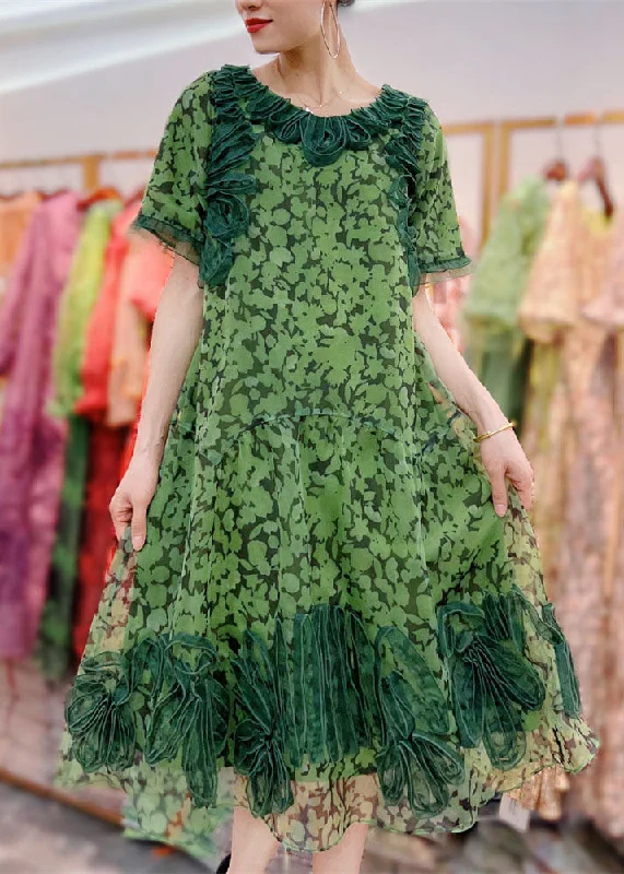 Organic Green Wrinkled Decorated Print Patchwork Tulle Dress Summer Tulle Dress Classic