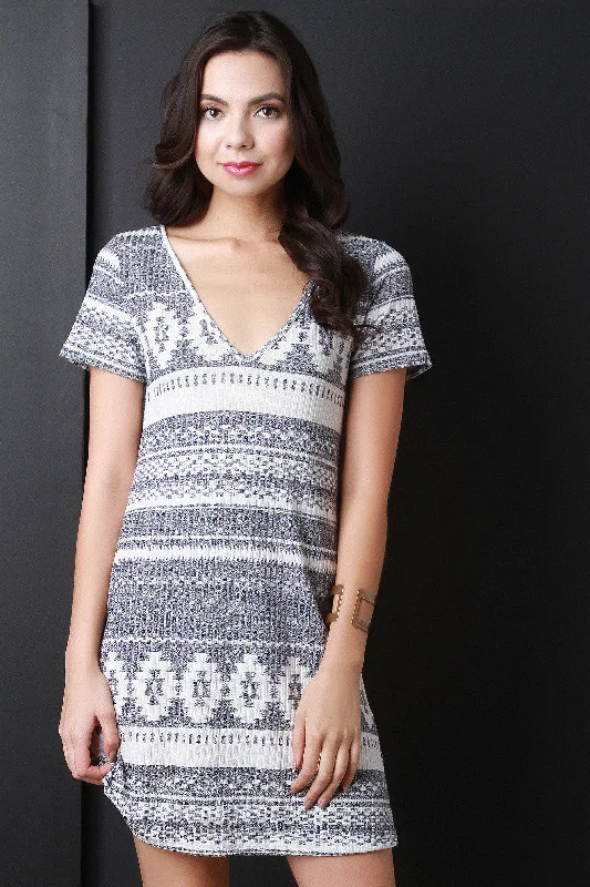 Tribal Stripe V Neck Tee Shirt Dress Belted Shirt Dress