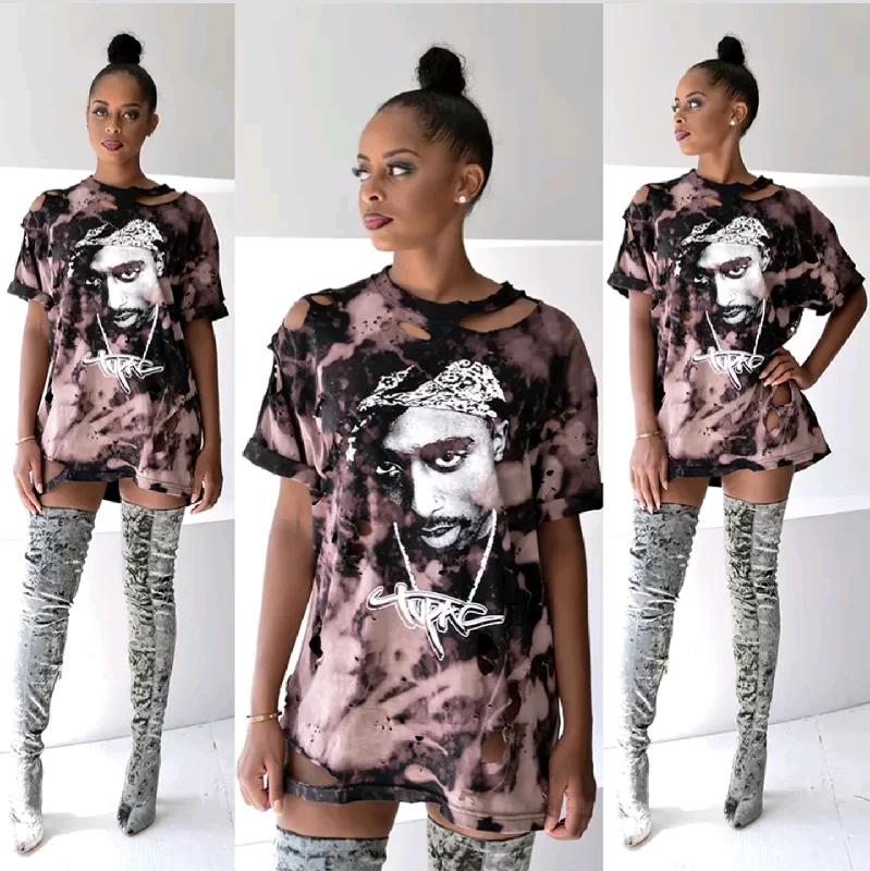 Tupac bleached and Distressed T-shirt Dress Shirt Dress Party