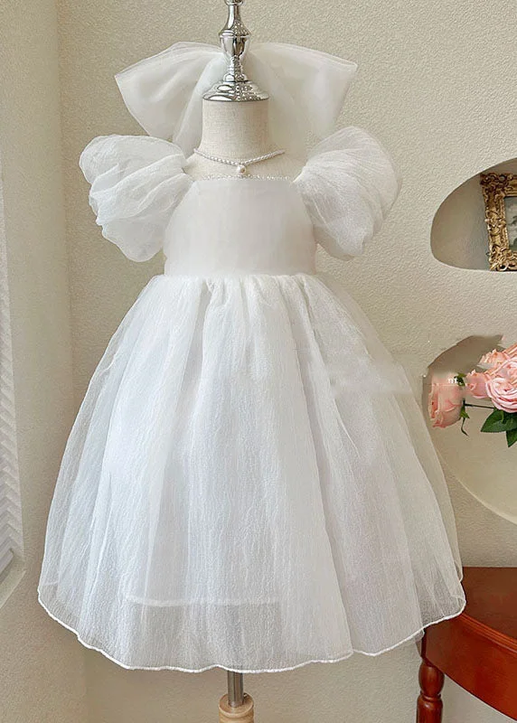 Beautiful White Wrinkled Patchwork Tulle Kids Girls Princess Dresses Summer A-line Tulle Gown