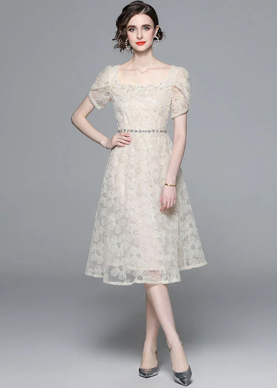 Fashion Apricot Square Collar Zircon Embroideried Tulle Dresses Summer Tulle Dress Set