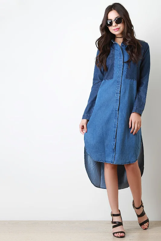 Denim Colorblock Button Up Pocketed Shirt Dress Relaxed Shirt Gown