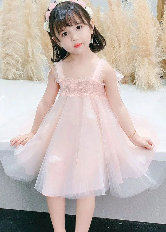 Lovely Pink Wrinkled Patchwork Tulle Kids Girls Dresses Summer Tulle Dress Modern