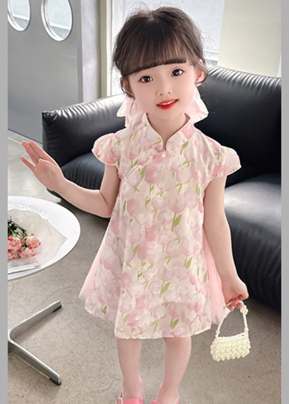 Style Pink Stand Collar Print Tulle Patchwork Button Girls Mid Dress Short Sleeve Soft Tulle Gown