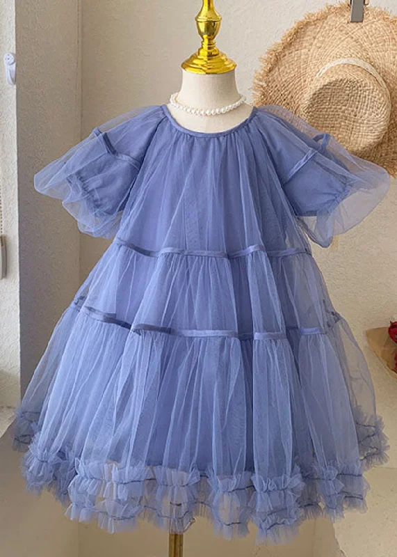 Stylish Blue O-Neck Ruffled Patchwork Tulle Kids Girls Dresses Summer Classic Tulle Dress