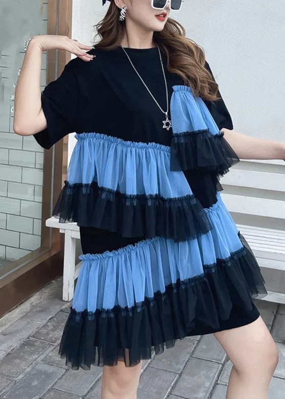 DIY Black O-Neck Wrinkled Tulle Patchwork Vacation Mid Dress Short Sleeve Tulle Cocktail Dress