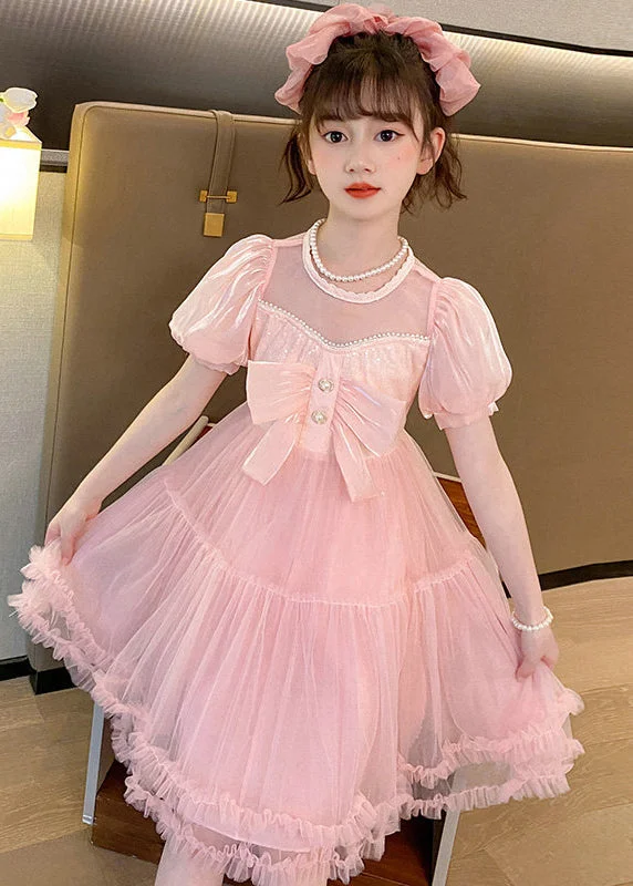 Boutique Pink Puff Sleeve Patchwork Tulle Baby Girls Maxi Dress Summer Tulle Dress Silhouette