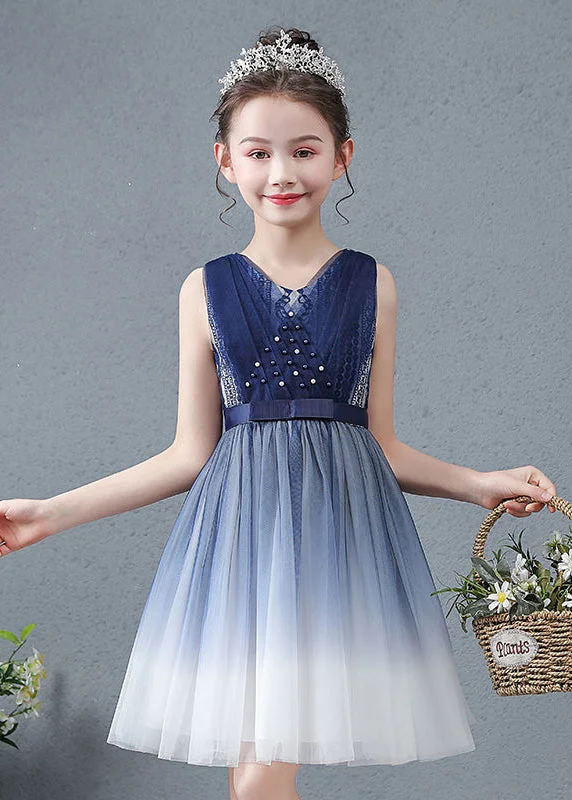 Cute Navy V Neck Nail Bead Gradient Color Tulle Baby Girls Maxi Dress Summer Tulle Cocktail Dress