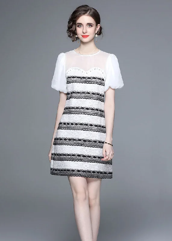 Stylish White O-Neck Zircon Tulle Patchwork Lace Mid Dress Summer Black Tulle Dress