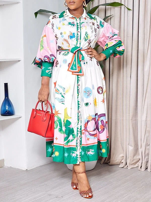 Beautiedoll Printed Tied Shirt Dress Comfortable Shirt Dress