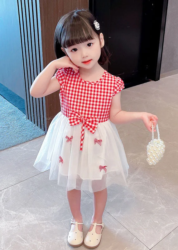 Stylish Red Plaid O Neck Bow Patchwork Tulle Baby Girls Dress Summer Tulle Dress Classic