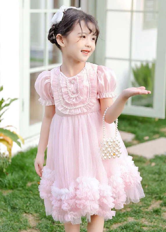 Boutique Pink Puff Sleeve Nail Bead Tulle Baby Girls Mid Dress Summer Tulle Dress Perfect