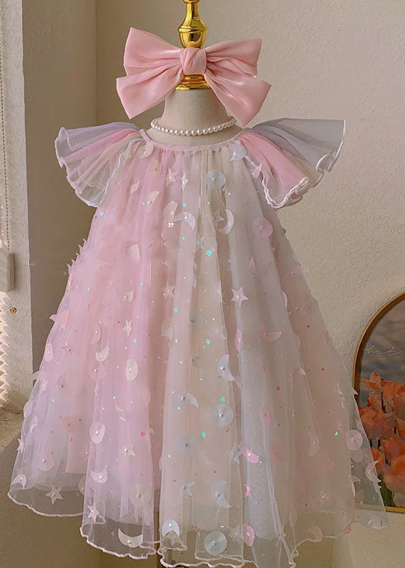 New Pink Wrinkled Nail Bead Patchwork Tulle Kids Girls Dresses Summer Elegant Tulle Gown