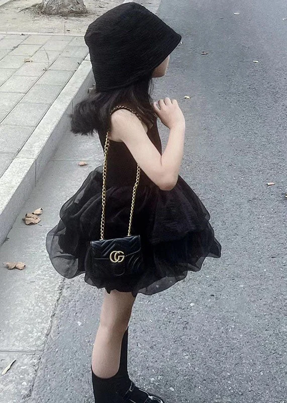 Fashion Black Ruffled Patchwork Tulle Kids Girls Robe Dresses Summer Casual Tulle Gown