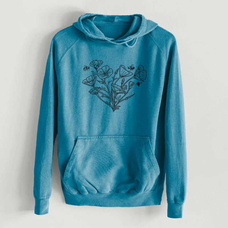 California Poppy Heart  - Mid-Weight Unisex Vintage 100% Cotton Hoodie Relaxed Hoodie Sweatshirt Fit