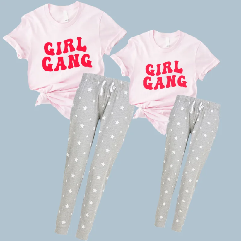 Girl Gang Retro Matching Grey/Pink Star Pyjamas Linen pajama sets