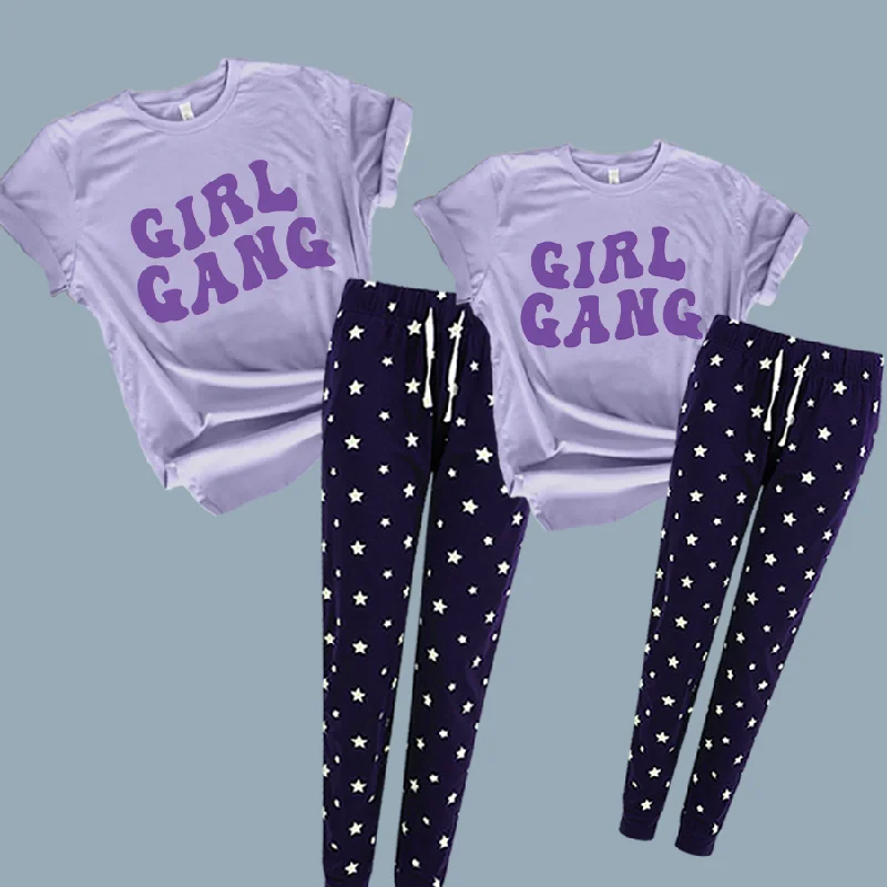 Girl Gang Retro Spring Matching Navy/Purple Star Pyjamas Plus size pajama sets