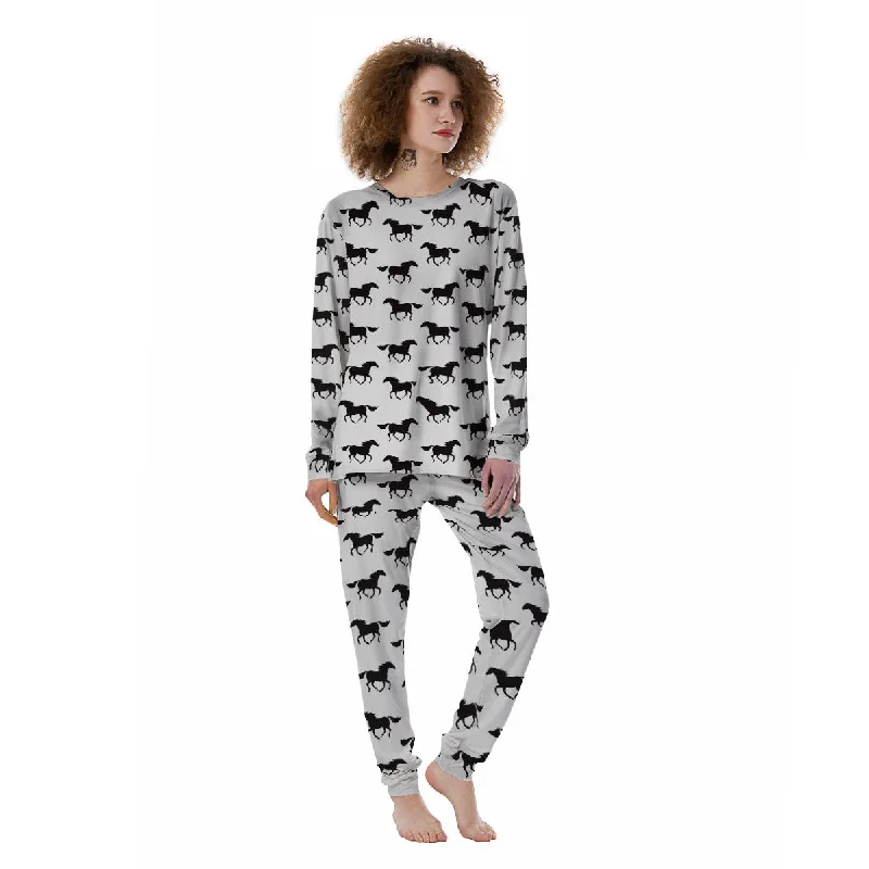 Horse White And Black Print Pattern Women's Pajamas Plus size pajama sets