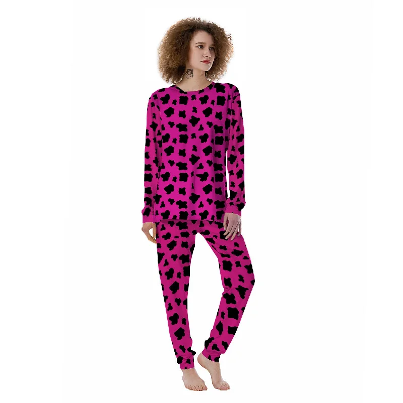 Hot Pink And Black Cow Print Women's Pajamas Pajama sets with pockets