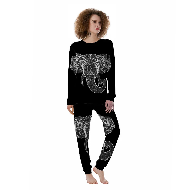 Indian Elephant White And Black Print Women's Pajamas Best-selling pajama sets 2024