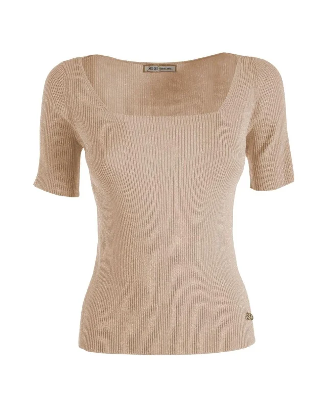 Yes Zee  Womens Square Neck Knit Sweater Short Sleeve Pullover Top Shimmery Casual Beige Women's sweaters