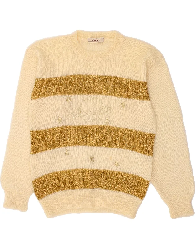 VINTAGE Womens Crew Neck Jumper Sweater UK 12 Medium Beige Striped Alpaca wool sweaters