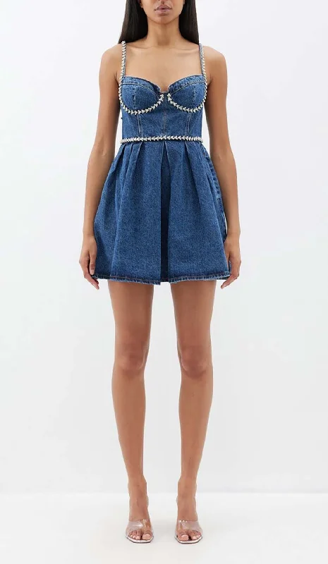 CRYSTAL-EMBELLISHED DENIM MINI DRESS IN BLUE Silk mini dresses