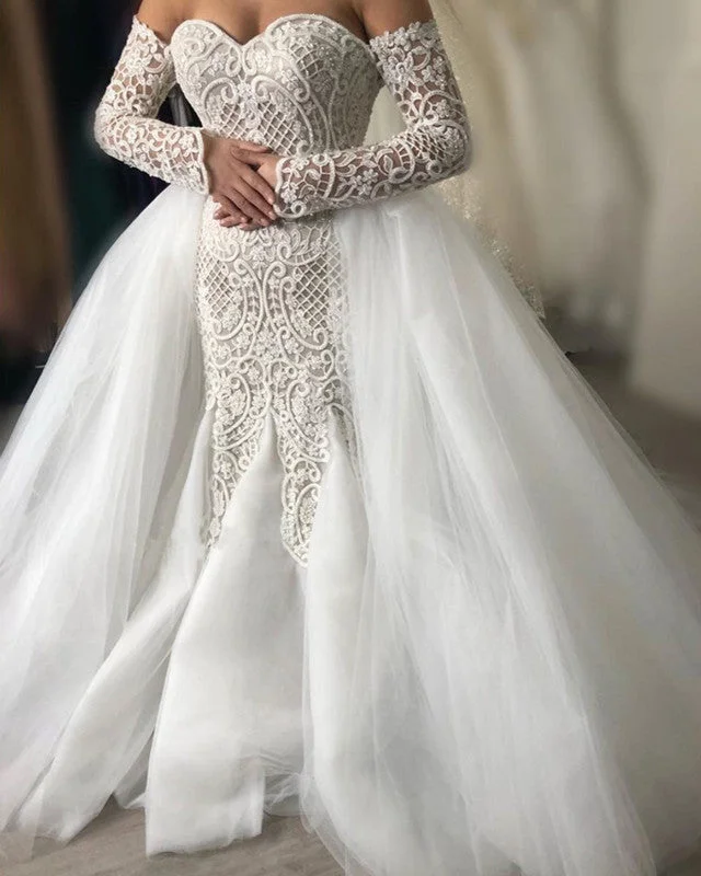 Mermaid Wedding Dress Lace Sleeves Removable Train Romantic Lace Dress