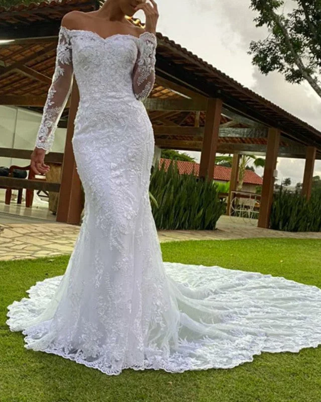 Long Sleeves Mermaid Wedding Dress Lace Off The Shoulder Elegant Satin Dress