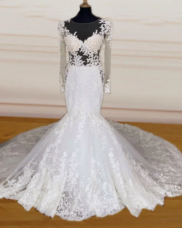 Elegant Lace Mermaid Wedding Dress Sheer Neckline Long Sleeves Long Sleeve Gown