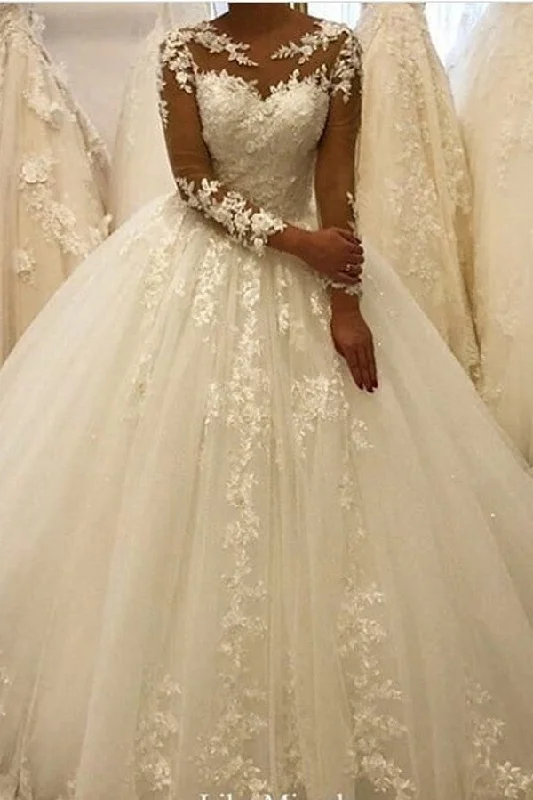 Bateau Long Sleeves A-Line Wedding Dress With Appliques Lace Ruffles Tulle Classic Bridal Dress