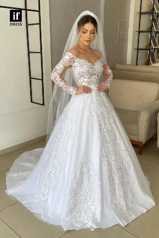 31731 - Romantic Long Sleeves V-Neck Appliques Boho Wedding Dress Silk Bridal Dress