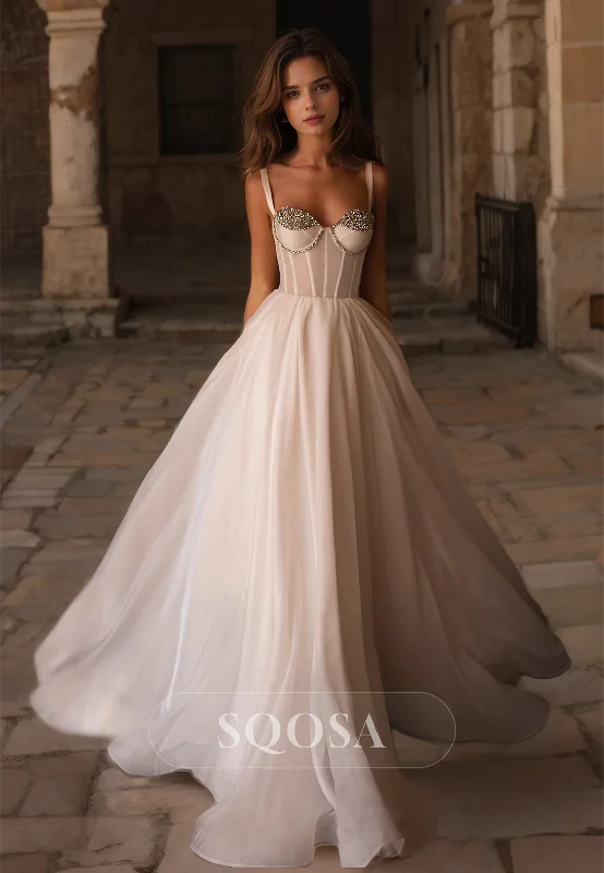 Sweetheart Spaghetti Straps Chiffon A-Line Wedding Dress Beaded with Sweep Train Bridal Gowns Glitter Wedding Dress