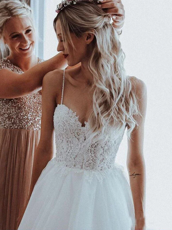 Fashion Spaghetti Straps Backless Lace Top A Line Long Wedding Dresses, WD1102 Sexy Wedding Dress