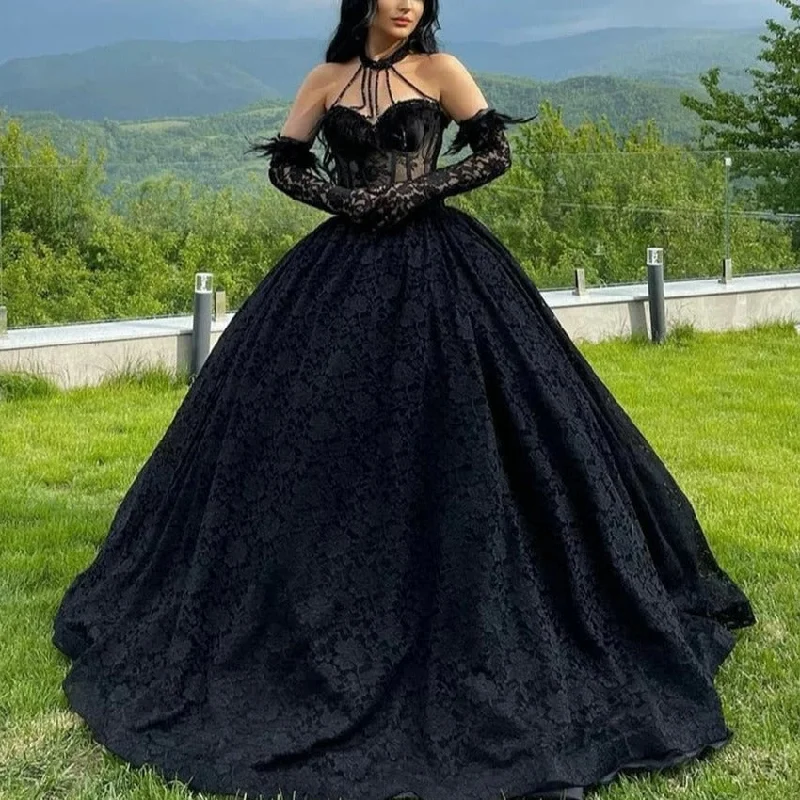 Feathered Black Wedding Dress Classic Satin Gown