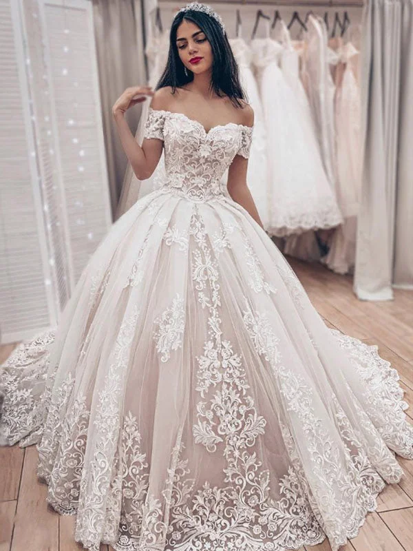 Gorgeous Off The Shoulder Lace Applique Ball Gown Train Long Wedding Dresses, WD1101 Silk Wedding Gown