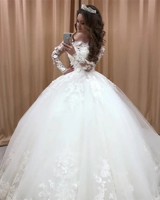 Lace Off The Shoulder Tulle Ball Gowns Wedding Dresses Long Sleeves Beaded Lace Wedding