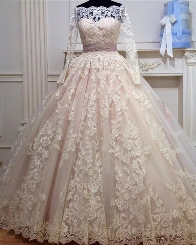 Off The Shoulder Long Sleeves Ball Gown Wedding Lace Dresses With Bow Sashes Lace Wedding Dress