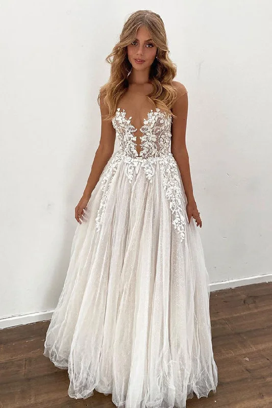 Sheer A-line Wedding Dress Floor Length With Tulle Appliques Simple Wedding Dress