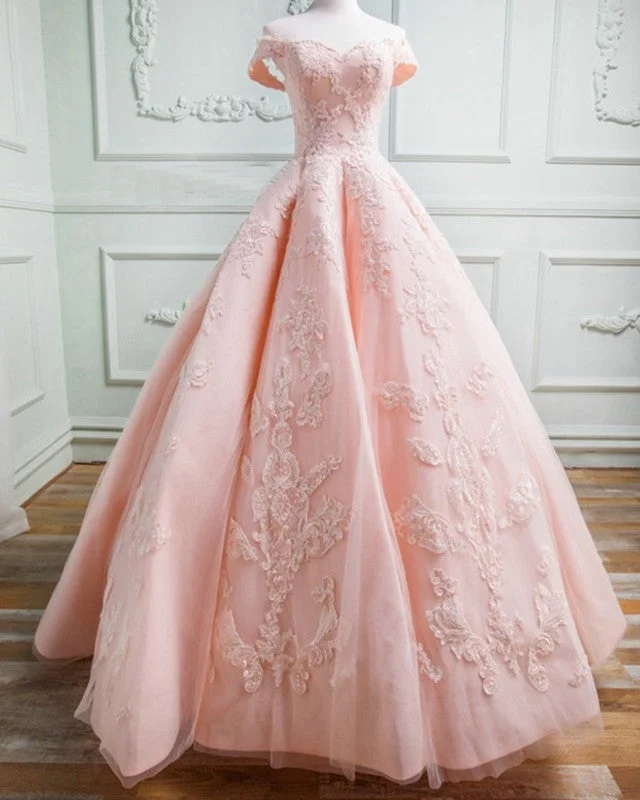 Sweetheart Off The Shoulder Tulle And Satin Ball Gowns Prom Dresses Lace Appliques Classic Bridal Gown