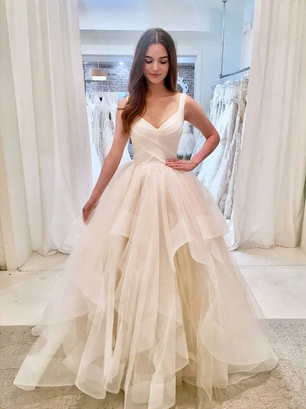 Unique Ivory V Neck Ball Gown Sleeveless Tulle Long Wedding Dresses, WD1103 Luxury Lace Gown