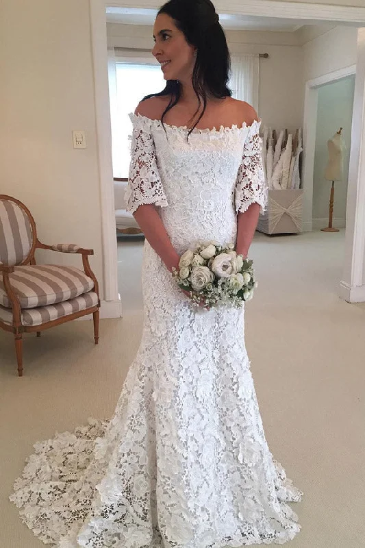 Sheath Brush Train Off Shoulder Half Sleeve Lace Wedding Dresses Tiered Wedding Dress