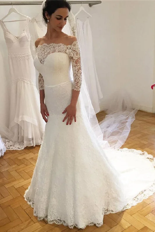 Elegant Formal Trumpet Off The Shoulder Ivory Lace Wedding Dresses With Sleeves Wedding Gown Set