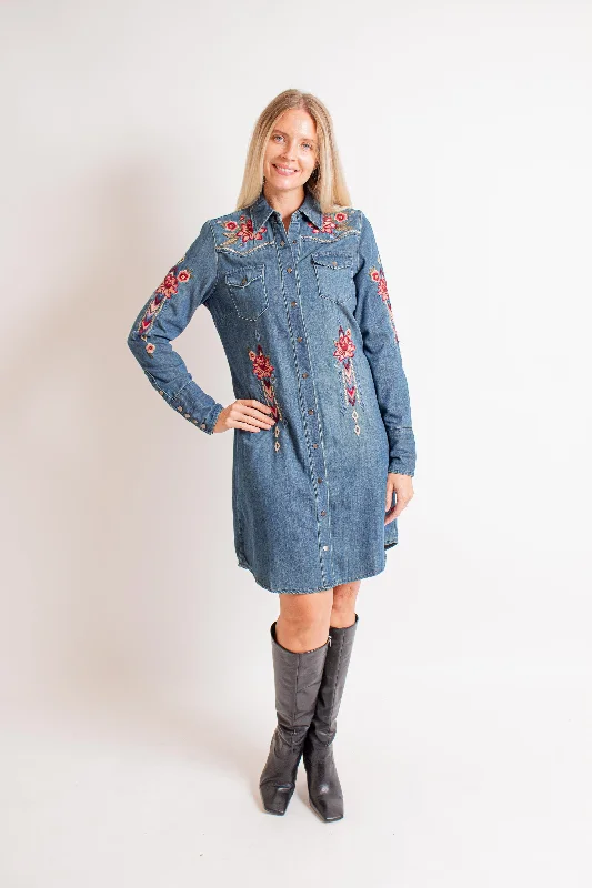 Dark Denim Midi Dress w/ Embroidery Best midi dresses for curvy figures