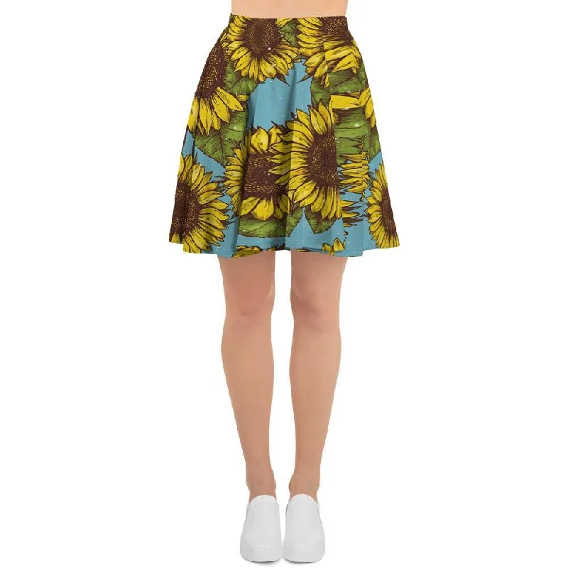 Blue Sunflower Print Women's Skirt Long unclassified skirts