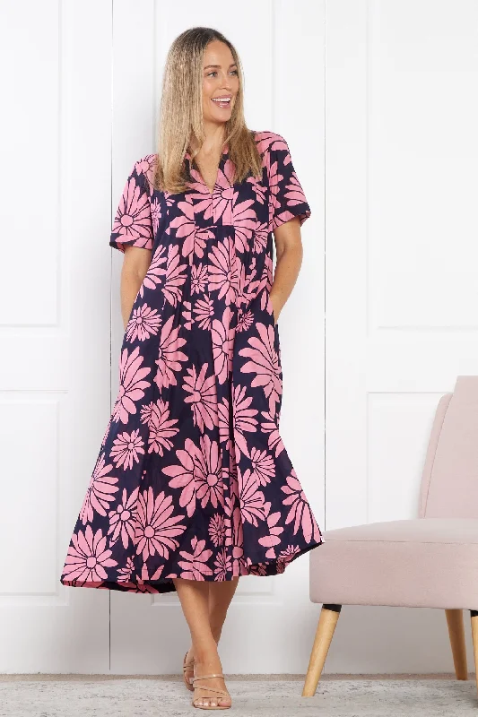 Edmonton Midi Dress - Navy Pink Floral Cute floral print midi dresses